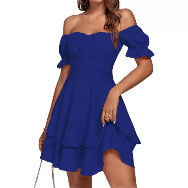 LYANER Women's Tie Back Off Shoulder Wrap Layer Ruffle Short Sleeve Mini Dress