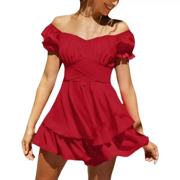 LYANER Women's Tie Back Off Shoulder Wrap Layer Ruffle Short Sleeve Mini Dress