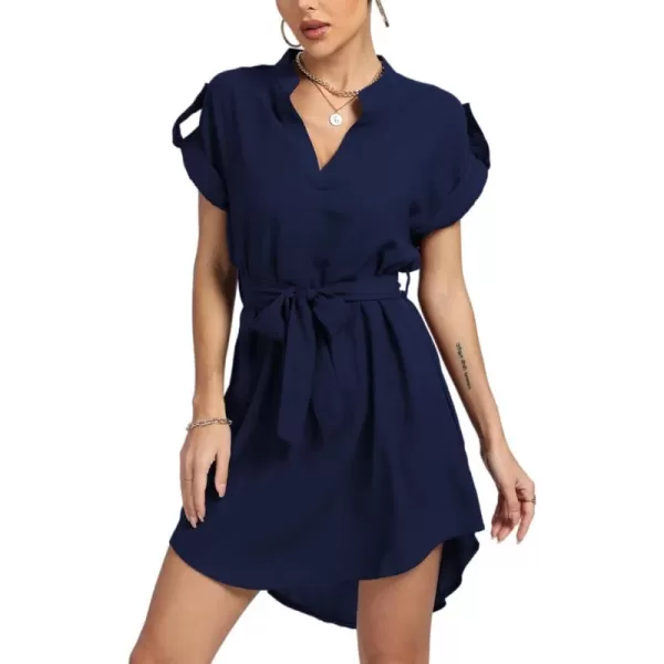 LYANER Women's V Neck Belted High Low Roll Short Sleeve Office Tunic Mini Dress