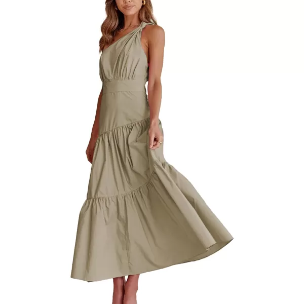 LYANER Women's Casual One Shoulder Layered Ruched Sleeveless Swing Flowy Maxi Dress