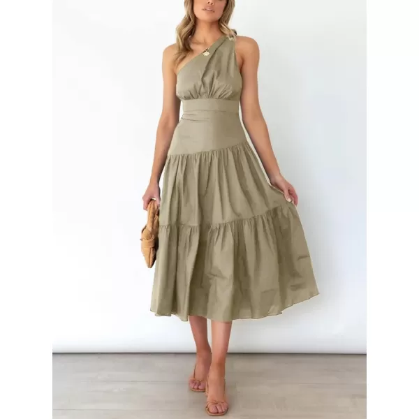 LYANER Women's Casual One Shoulder Layered Ruched Sleeveless Swing Flowy Maxi Dress