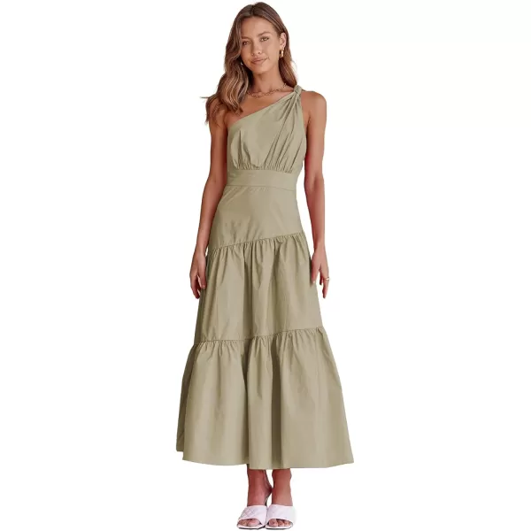 LYANER Women's Casual One Shoulder Layered Ruched Sleeveless Swing Flowy Maxi Dress