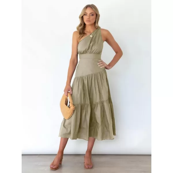 LYANER Women's Casual One Shoulder Layered Ruched Sleeveless Swing Flowy Maxi Dress
