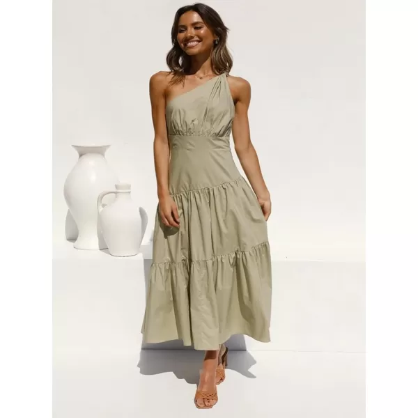 LYANER Women's Casual One Shoulder Layered Ruched Sleeveless Swing Flowy Maxi Dress