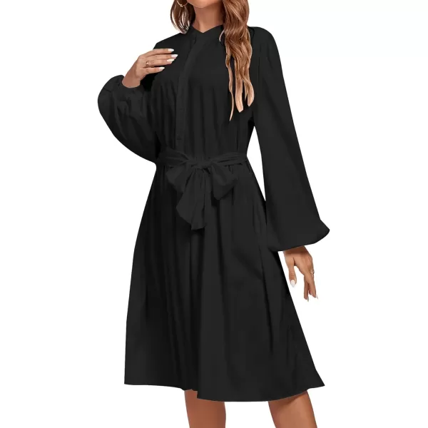 LYANER Women's Causal Crewneck Tie Waist Lantern Long Sleeve Ruffle A Line Flare Midi Dress