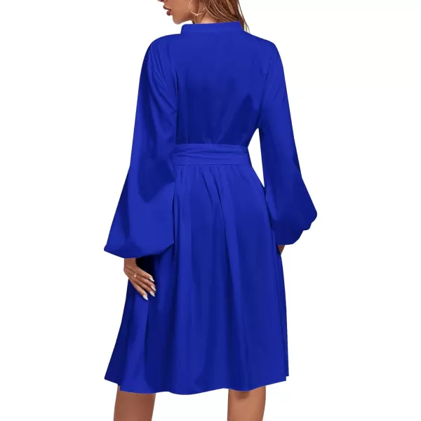 LYANER Women's Causal Crewneck Tie Waist Lantern Long Sleeve Ruffle A Line Flare Midi Dress