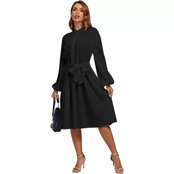LYANER Women's Causal Crewneck Tie Waist Lantern Long Sleeve Ruffle A Line Flare Midi Dress