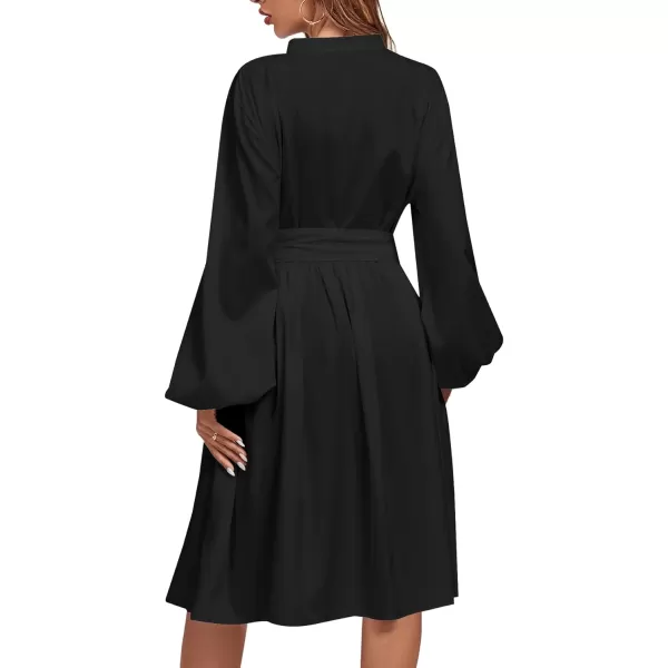 LYANER Women's Causal Crewneck Tie Waist Lantern Long Sleeve Ruffle A Line Flare Midi Dress