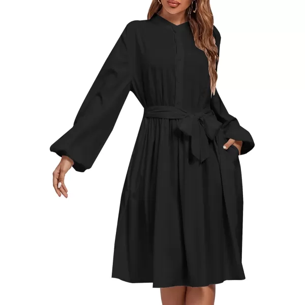 LYANER Women's Causal Crewneck Tie Waist Lantern Long Sleeve Ruffle A Line Flare Midi Dress