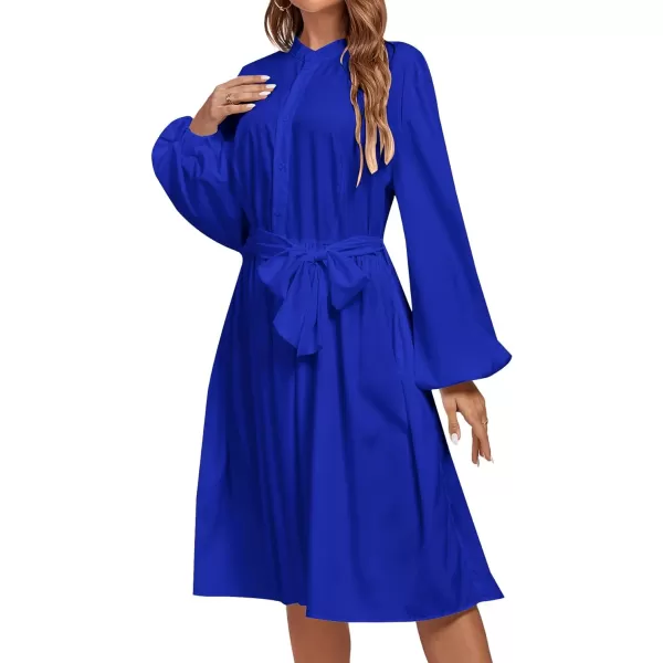 LYANER Women's Causal Crewneck Tie Waist Lantern Long Sleeve Ruffle A Line Flare Midi Dress