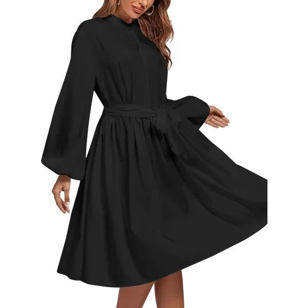 LYANER Women's Causal Crewneck Tie Waist Lantern Long Sleeve Ruffle A Line Flare Midi Dress