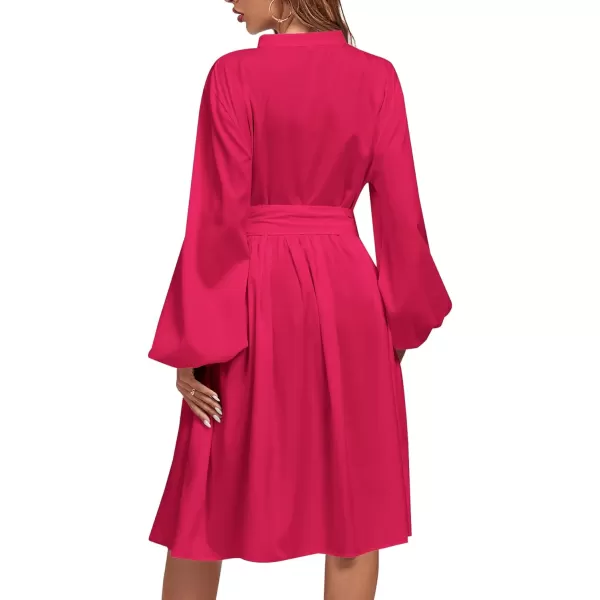 LYANER Women's Causal Crewneck Tie Waist Lantern Long Sleeve Ruffle A Line Flare Midi Dress