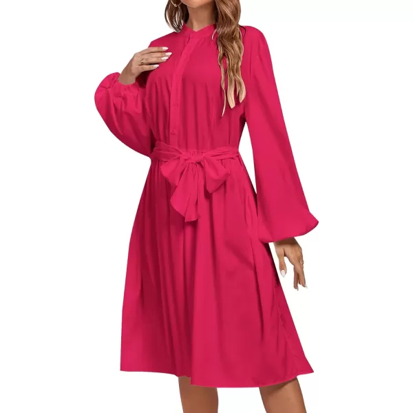 LYANER Women's Causal Crewneck Tie Waist Lantern Long Sleeve Ruffle A Line Flare Midi Dress