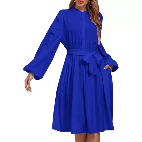 LYANER Women's Causal Crewneck Tie Waist Lantern Long Sleeve Ruffle A Line Flare Midi Dress