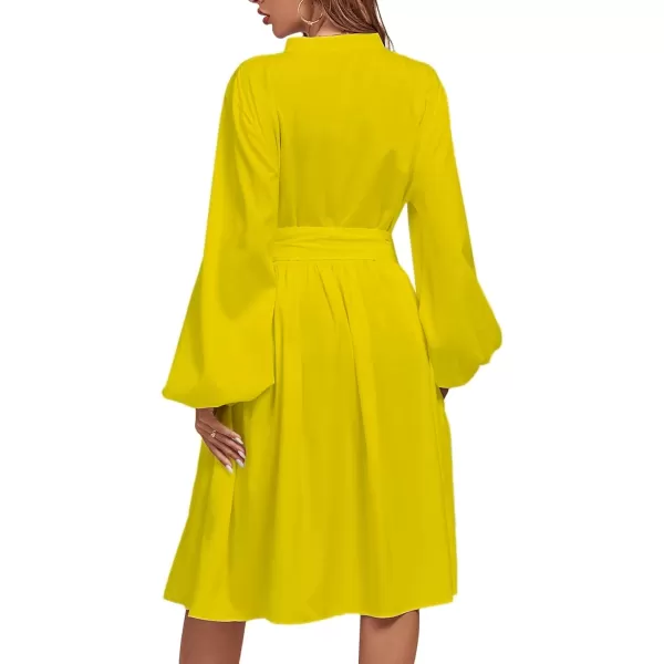 LYANER Women's Causal Crewneck Tie Waist Lantern Long Sleeve Ruffle A Line Flare Midi Dress