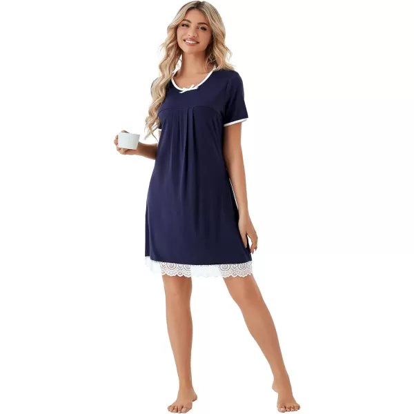 LYANER Women's Crewneck Short Sleeve Lace Trim Pleated Mini Short Nightgown Nightdress