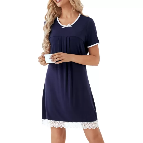 LYANER Women's Crewneck Short Sleeve Lace Trim Pleated Mini Short Nightgown Nightdress