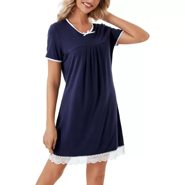 LYANER Women's Crewneck Short Sleeve Lace Trim Pleated Mini Short Nightgown Nightdress