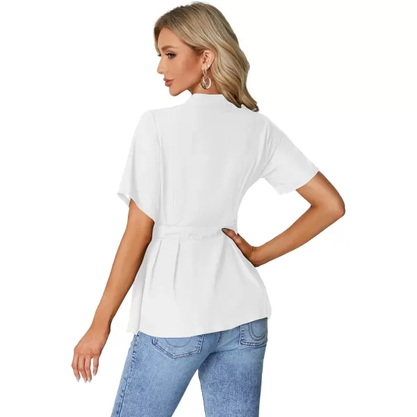 LYANER Women's Crewneck Short Sleeve Pleated Button Front Tie Waist Ruffle Hem Shirt Top Blouse