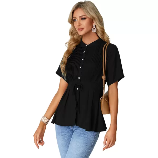 LYANER Women's Crewneck Short Sleeve Pleated Button Front Tie Waist Ruffle Hem Shirt Top Blouse