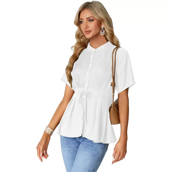 LYANER Women's Crewneck Short Sleeve Pleated Button Front Tie Waist Ruffle Hem Shirt Top Blouse