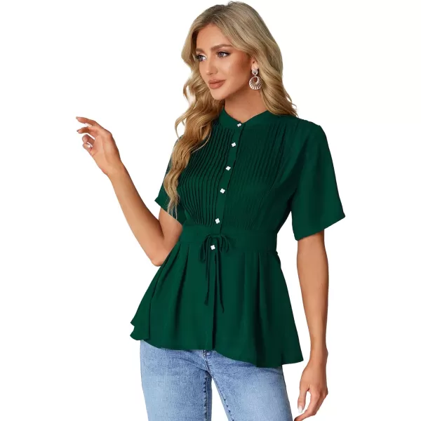LYANER Women's Crewneck Short Sleeve Pleated Button Front Tie Waist Ruffle Hem Shirt Top Blouse
