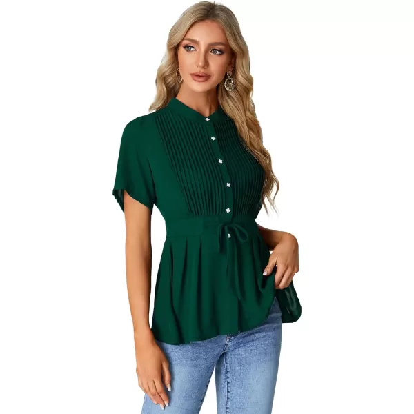 LYANER Women's Crewneck Short Sleeve Pleated Button Front Tie Waist Ruffle Hem Shirt Top Blouse