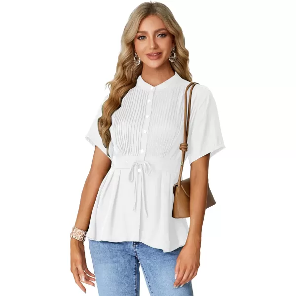 LYANER Women's Crewneck Short Sleeve Pleated Button Front Tie Waist Ruffle Hem Shirt Top Blouse