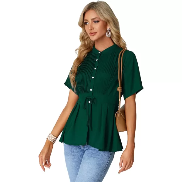 LYANER Women's Crewneck Short Sleeve Pleated Button Front Tie Waist Ruffle Hem Shirt Top Blouse