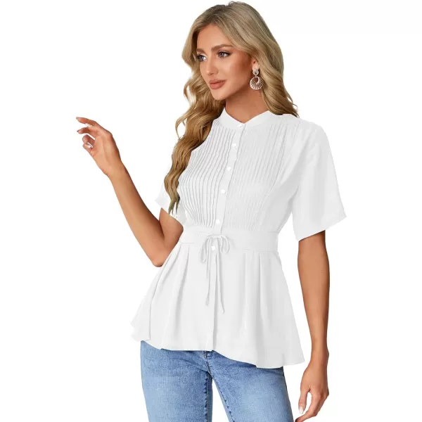 LYANER Women's Crewneck Short Sleeve Pleated Button Front Tie Waist Ruffle Hem Shirt Top Blouse
