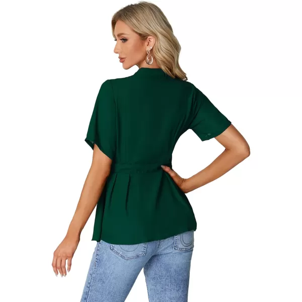 LYANER Women's Crewneck Short Sleeve Pleated Button Front Tie Waist Ruffle Hem Shirt Top Blouse