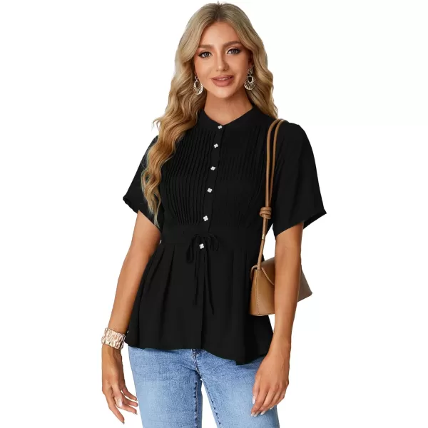 LYANER Women's Crewneck Short Sleeve Pleated Button Front Tie Waist Ruffle Hem Shirt Top Blouse