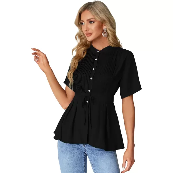 LYANER Women's Crewneck Short Sleeve Pleated Button Front Tie Waist Ruffle Hem Shirt Top Blouse