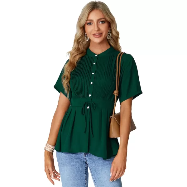 LYANER Women's Crewneck Short Sleeve Pleated Button Front Tie Waist Ruffle Hem Shirt Top Blouse