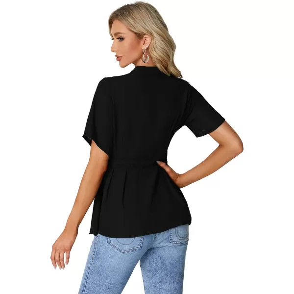 LYANER Women's Crewneck Short Sleeve Pleated Button Front Tie Waist Ruffle Hem Shirt Top Blouse