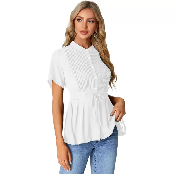 LYANER Women's Crewneck Short Sleeve Pleated Button Front Tie Waist Ruffle Hem Shirt Top Blouse
