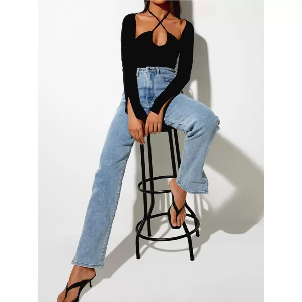 LYANER Women's Criss Cross Halter Neck Cut Out Long Sleeve Ruched T-Shirt Tee Top