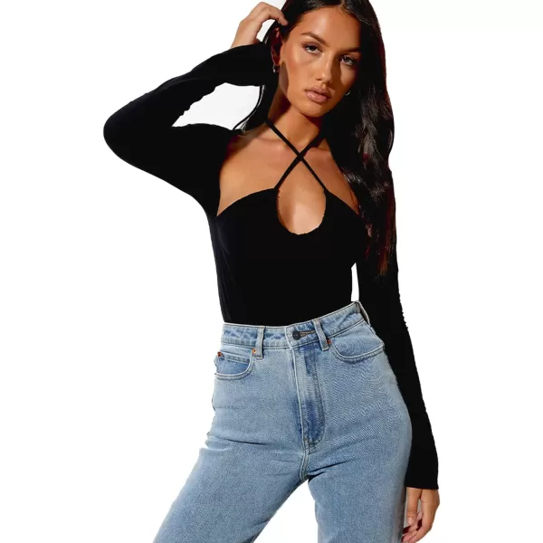 LYANER Women's Criss Cross Halter Neck Cut Out Long Sleeve Ruched T-Shirt Tee Top