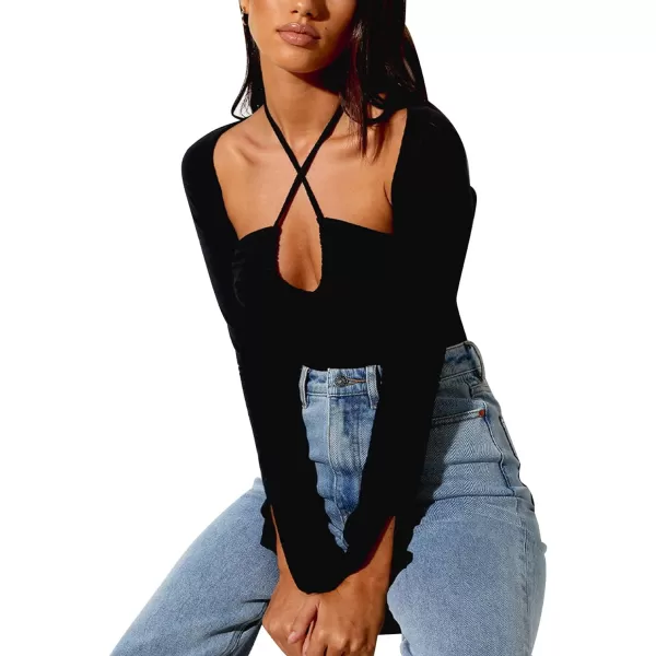 LYANER Women's Criss Cross Halter Neck Cut Out Long Sleeve Ruched T-Shirt Tee Top