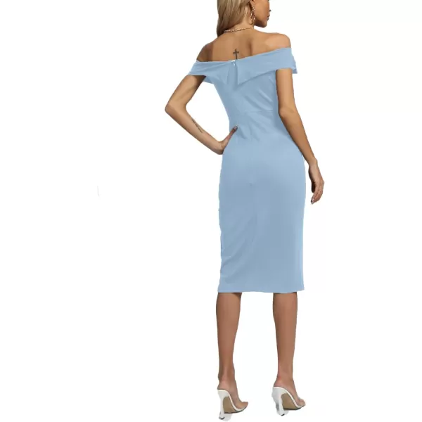 LYANER Women's Off Shoulder Split Slit Short Sleeve Zipper Bodycon Cocktail Midi Dress