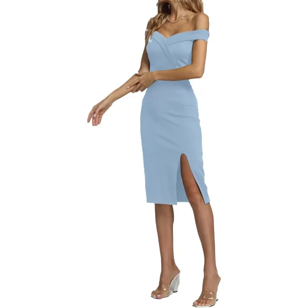 LYANER Women's Off Shoulder Split Slit Short Sleeve Zipper Bodycon Cocktail Midi Dress