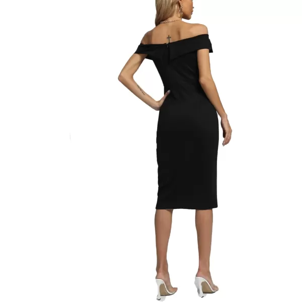LYANER Women's Off Shoulder Split Slit Short Sleeve Zipper Bodycon Cocktail Midi Dress