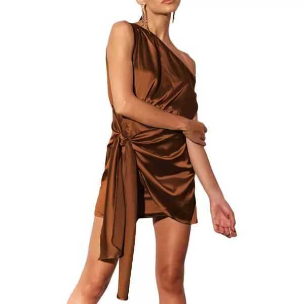 LYANER Women's One Shoulder Satin Ruched Tie Wrap Waist Irregular Cocktail Mini Dress