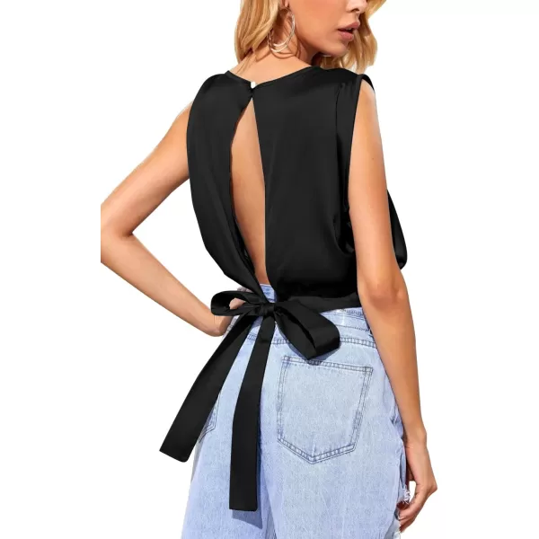 LYANER Women's Satin Sleeveless Self Tie Boat Neck Fashion Crop Top Blouse