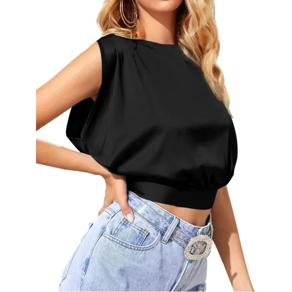 LYANER Women's Satin Sleeveless Self Tie Boat Neck Fashion Crop Top Blouse