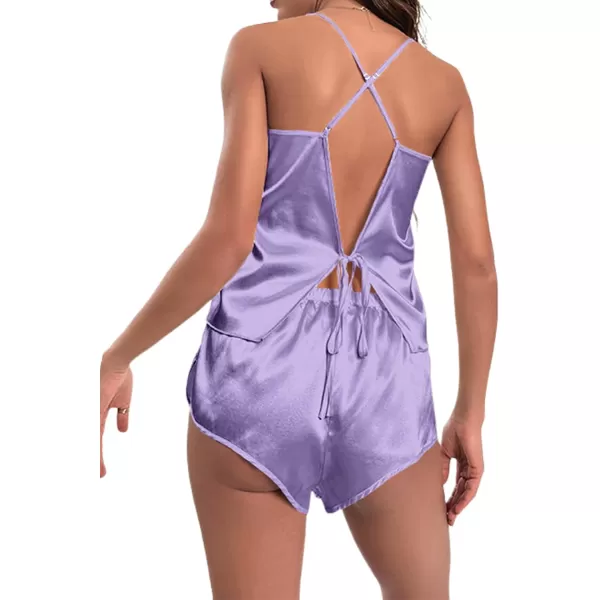 LYANER Women's Sexy Silk Satin Pajamas Set Tie Up Back Cami Shorts Set Sleepwear