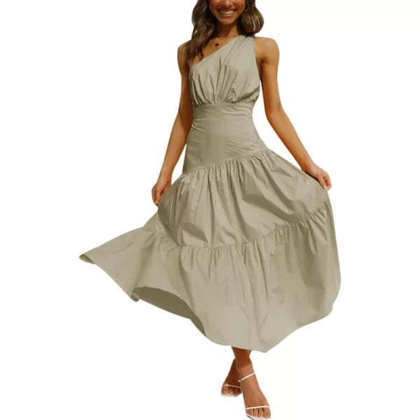 LYANER Women's Casual One Shoulder Layered Ruched Sleeveless Swing Flowy Maxi Dress