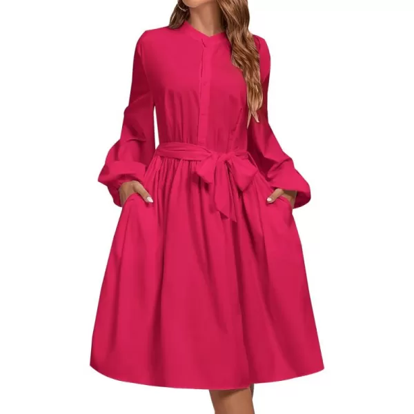LYANER Women's Causal Crewneck Tie Waist Lantern Long Sleeve Ruffle A Line Flare Midi Dress