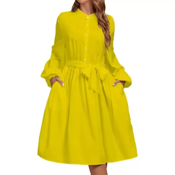 LYANER Women's Causal Crewneck Tie Waist Lantern Long Sleeve Ruffle A Line Flare Midi Dress