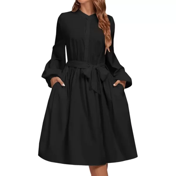 LYANER Women's Causal Crewneck Tie Waist Lantern Long Sleeve Ruffle A Line Flare Midi Dress